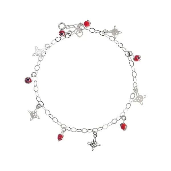 Tobillera Plata 925 Nudo de Bruja y Ojo Turco Rojo Ajustable - Imagen 1