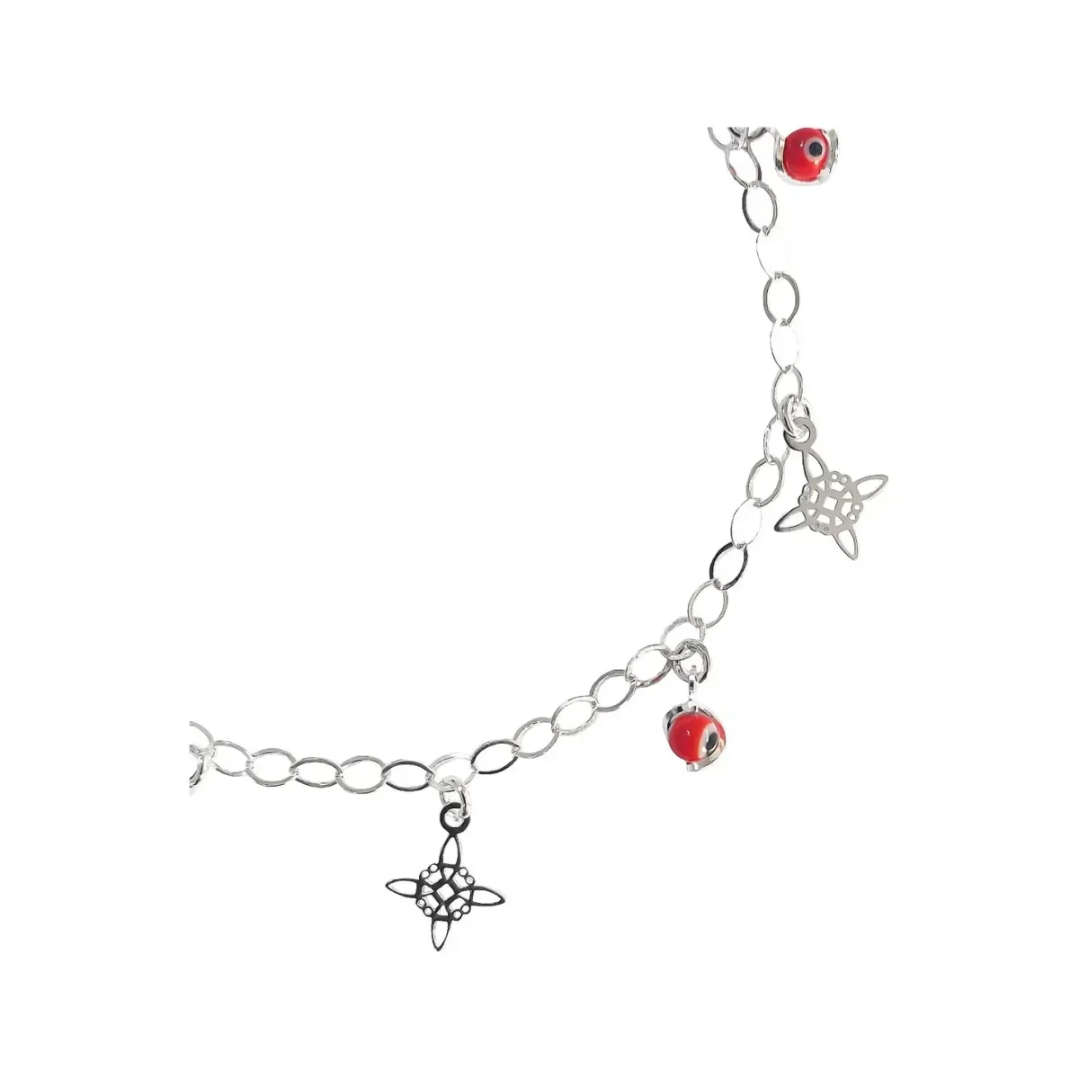 Tobillera Plata 925 Nudo de Bruja y Ojo Turco Rojo Ajustable - Imagen 3
